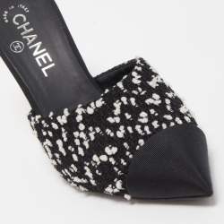 Chanel Black/White Tweed and Canvas CC Faux Pearl Heel Mules Size 37.5