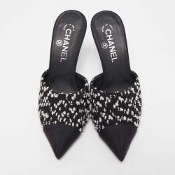 Chanel Black/White Tweed and Canvas CC Faux Pearl Heel Mules Size 37.5