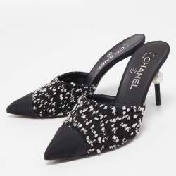 Chanel White/Black Tweed and Leather CC Pearl Heel Open Toe Mules