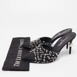 Chanel Black/White Tweed and Canvas CC Faux Pearl Heel Mules Size 37.5