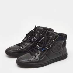 Pre Owned Chanel Black Leather CC Double Zip Accent High Top Sneakers Size 38 