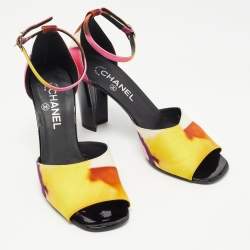 Chanel Multicolor Printed Fabric CC Ankle Strap Sandals Size 40.5
