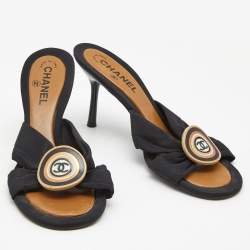 Chanel Black Fabric CC Slide Sandals Size 40
