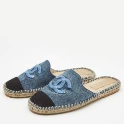 Chanel Blue/Black Denim and Canvas CC Espadrille Mules Size 37