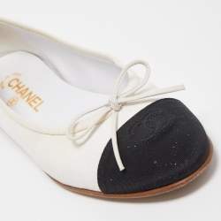 Chanel White/Black Glitter And Canvas CC Cap Toe Bow Ballet Flats Size 39.5