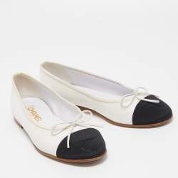 Chanel White/Black Glitter And Canvas CC Cap Toe Bow Ballet Flats Size 39.5