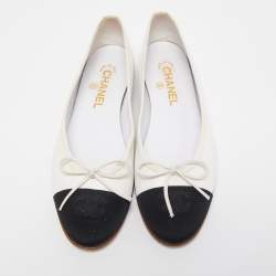 Chanel White/Black Glitter And Canvas CC Cap Toe Bow Ballet Flats Size 39.5