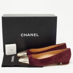 Pre Owned Chanel Burgundy/Gold Suede and Leather Cap Toe CC Bow Ballet Flats Size 39.5