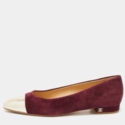 Pre Owned Chanel Burgundy/Gold Suede and Leather Cap Toe CC Bow Ballet Flats Size 39.5