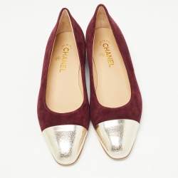 Pre Owned Chanel Burgundy/Gold Suede and Leather Cap Toe CC Bow Ballet Flats Size 39.5