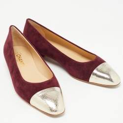 Pre Owned Chanel Burgundy/Gold Suede and Leather Cap Toe CC Bow Ballet Flats Size 39.5