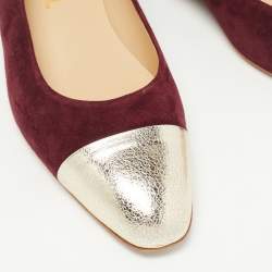 Pre Owned Chanel Burgundy/Gold Suede and Leather Cap Toe CC Bow Ballet Flats Size 39.5