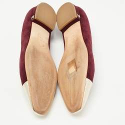 Pre Owned Chanel Burgundy/Gold Suede and Leather Cap Toe CC Bow Ballet Flats Size 39.5