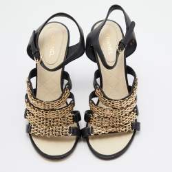 Pre Owned Chanel Black Leather Reissue Chain Detail Quilted Heel Ankle Strap Sandals Size 40.5