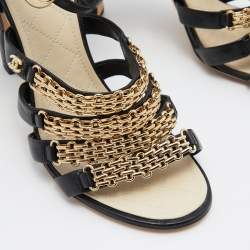 Pre Owned Chanel Black Leather Reissue Chain Detail Quilted Heel Ankle Strap Sandals Size 40.5