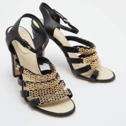 Pre Owned Chanel Black Leather Reissue Chain Detail Quilted Heel Ankle Strap Sandals Size 40.5