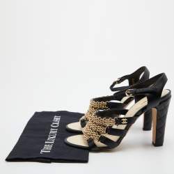 Pre Owned Chanel Black Leather Reissue Chain Detail Quilted Heel Ankle Strap Sandals Size 40.5