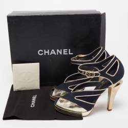 Chanel Blue/Gold Canvas and Leather Ankle Strap Sandals Size 37