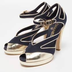 Chanel Blue/Gold Canvas and Leather Ankle Strap Sandals Size 37