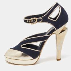 Chanel Blue/Gold Canvas and Leather Ankle Strap Sandals Size 37
