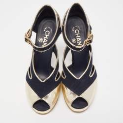 Chanel Blue/Gold Canvas and Leather Ankle Strap Sandals Size 37