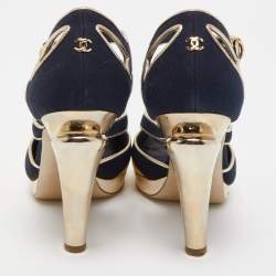Chanel Blue/Gold Canvas and Leather Ankle Strap Sandals Size 37
