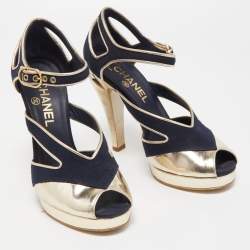 Chanel Blue/Gold Canvas and Leather Ankle Strap Sandals Size 37