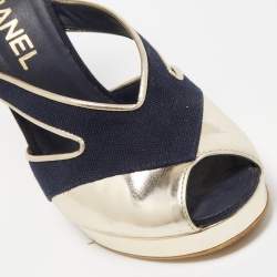 Chanel Blue/Gold Canvas and Leather Ankle Strap Sandals Size 37