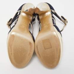 Chanel Blue/Gold Canvas and Leather Ankle Strap Sandals Size 37