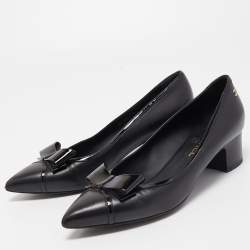 Pre Owned Chanel Black Leather Bow CC Block Heel Pumps Size 39.5