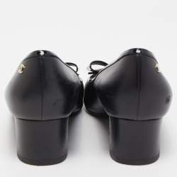 Pre Owned Chanel Black Leather Bow CC Block Heel Pumps Size 39.5
