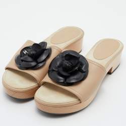 Chanel Beige/Black Leather Camellia Wooden Platform Sandals Size 37