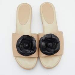 Chanel Beige/Black Leather Camellia Wooden Platform Sandals Size 37
