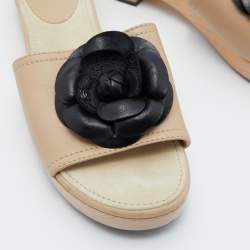 Chanel Beige/Black Leather Camellia Wooden Platform Sandals Size 37