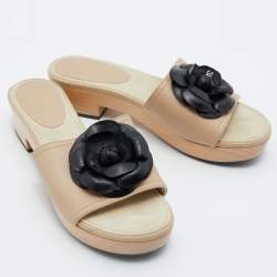 Chanel Beige/Black Leather Camellia Wooden Platform Sandals Size 37