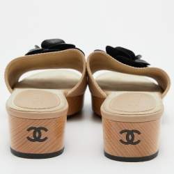 Chanel Beige/Black Leather Camellia Wooden Platform Sandals Size 37