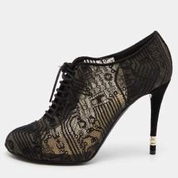 Chanel Black Lace and Alcantara Ankle Booties Size 40.5