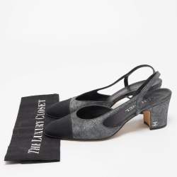 Pre Owned Chanel Grey/Black Laminated Suede and Canvas Cap Toe CC Slingback D'orsay Pumps Size 40