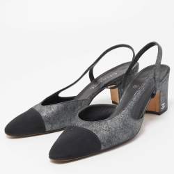 Pre Owned Chanel Grey/Black Laminated Suede and Canvas Cap Toe CC Slingback D'orsay Pumps Size 40
