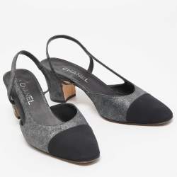 Pre Owned Chanel Grey/Black Laminated Suede and Canvas Cap Toe CC Slingback D'orsay Pumps Size 40