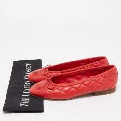 Pre Owned Chanel Red Quilted Leather CC Bow Ballet Flats Size 35.5