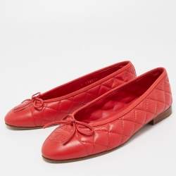 Pre Owned Chanel Red Quilted Leather CC Bow Ballet Flats Size 35.5