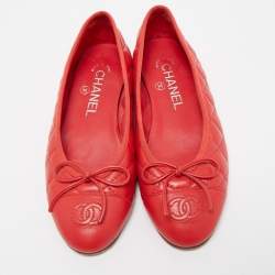 Pre Owned Chanel Red Quilted Leather CC Bow Ballet Flats Size 35.5
