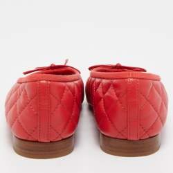 Pre Owned Chanel Red Quilted Leather CC Bow Ballet Flats Size 35.5