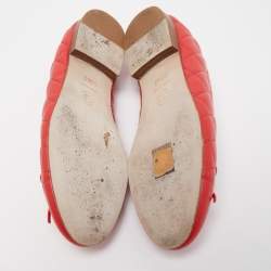 Pre Owned Chanel Red Quilted Leather CC Bow Ballet Flats Size 35.5