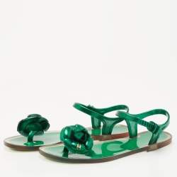 Pre Owned Chanel Green  Glitter Jelly Camellia Flat Sandals Size 37