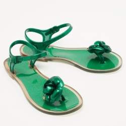 Pre Owned Chanel Green  Glitter Jelly Camellia Flat Sandals Size 37