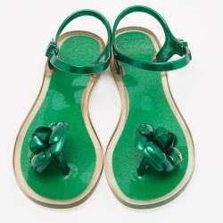Pre Owned Chanel Green  Glitter Jelly Camellia Flat Sandals Size 37