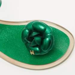 Pre Owned Chanel Green  Glitter Jelly Camellia Flat Sandals Size 37