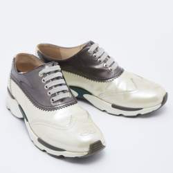 Pre Owned Chanel Cream/Grey Patent Leather CC Oxford Sneakers Size 37.5